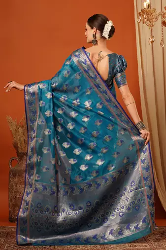 Light Blue Jaccaurd Oraganza Silk Bollywood  Saree With Blouse