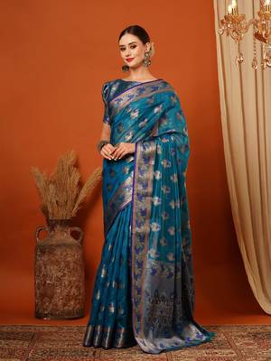 Light Blue Jaccaurd Oraganza Silk Bollywood  Saree With Blouse 4