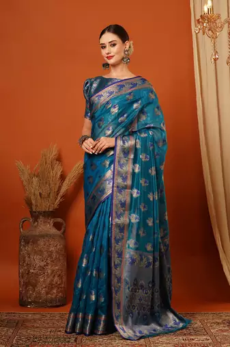 Light Blue Jaccaurd Oraganza Silk Bollywood  Saree With Blouse