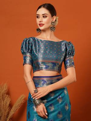 Light Blue Jaccaurd Oraganza Silk Bollywood  Saree With Blouse 5