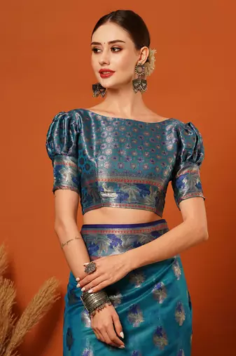 Light Blue Jaccaurd Oraganza Silk Bollywood  Saree With Blouse