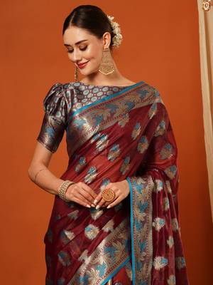 Maroon Jaccaurd Oraganza Silk Bollywood  Saree With Blouse 1