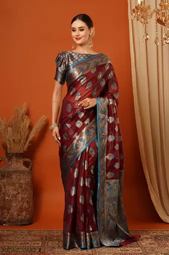 Maroon Jaccaurd Oraganza Silk Bollywood  Saree With Blouse