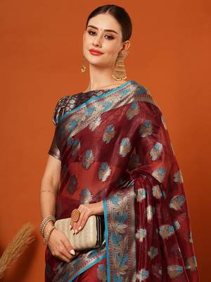 Maroon Jaccaurd Oraganza Silk Bollywood  Saree With Blouse 3