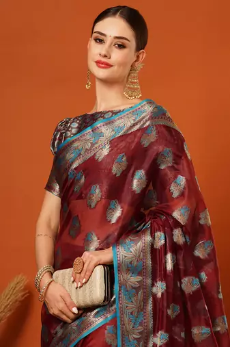 Maroon Jaccaurd Oraganza Silk Bollywood  Saree With Blouse