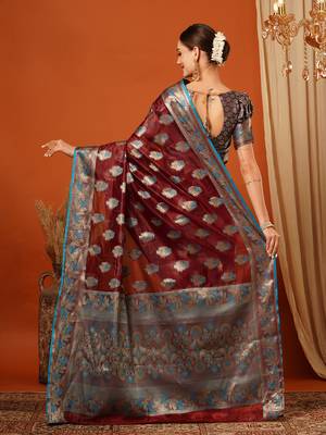 Maroon Jaccaurd Oraganza Silk Bollywood  Saree With Blouse 4