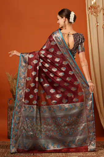 Maroon Jaccaurd Oraganza Silk Bollywood  Saree With Blouse