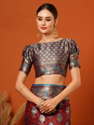 Maroon Jaccaurd Oraganza Silk Bollywood  Saree With Blouse 5