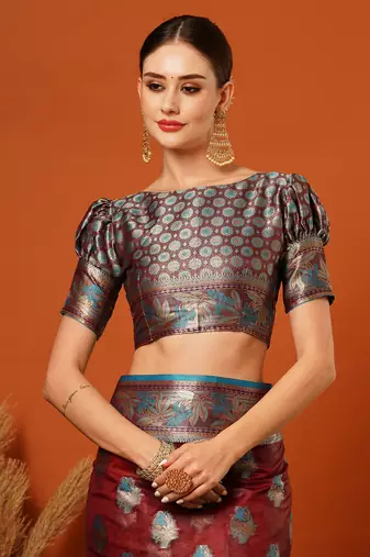 Maroon Jaccaurd Oraganza Silk Bollywood  Saree With Blouse