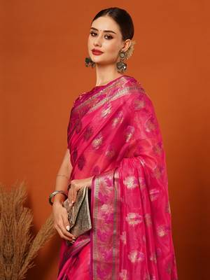 Pink Jaccaurd Oraganza Silk Bollywood  Saree With Blouse 1