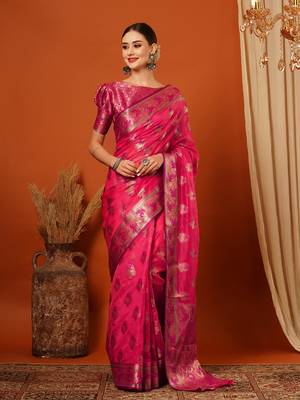Pink Jaccaurd Oraganza Silk Bollywood  Saree With Blouse 2