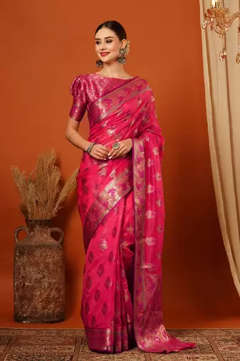 Pink Jaccaurd Oraganza Silk Bollywood  Saree With Blouse