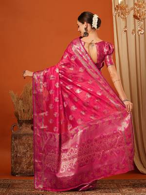 Pink Jaccaurd Oraganza Silk Bollywood  Saree With Blouse 3