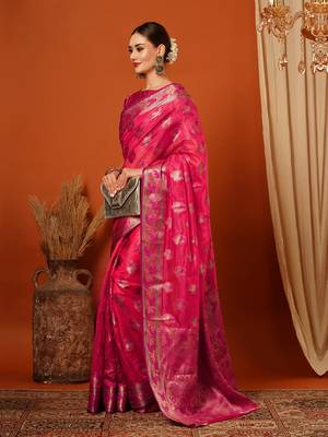 Pink Jaccaurd Oraganza Silk Bollywood  Saree With Blouse 4