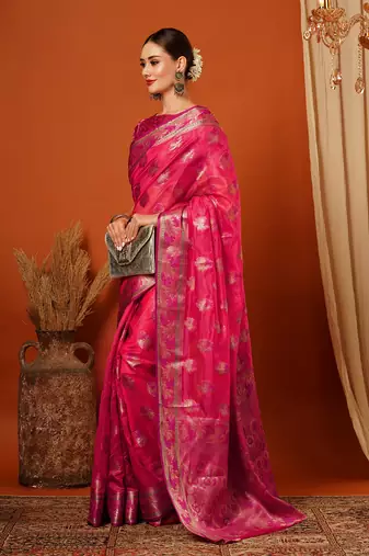 Pink Jaccaurd Oraganza Silk Bollywood  Saree With Blouse