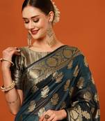 Light Blue Jaccaurd Oraganza Silk Bollywood  Saree With Blouse
