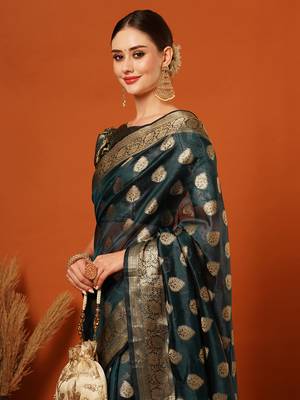 Light Blue Jaccaurd Oraganza Silk Bollywood  Saree With Blouse 2