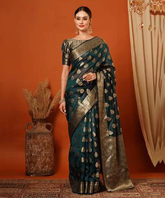 Light Blue Jaccaurd Oraganza Silk Bollywood  Saree With Blouse 1