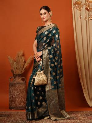 Light Blue Jaccaurd Oraganza Silk Bollywood  Saree With Blouse 3