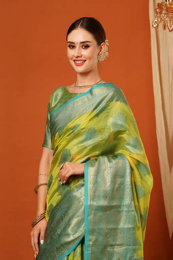 Light Blue Jaccaurd Oraganza Silk Bollywood  Saree With Blouse