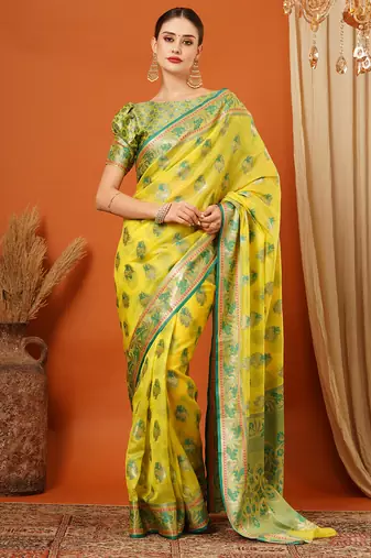 Green Jaccaurd Oraganza Silk Bollywood  Saree With Blouse