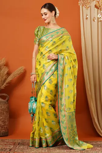 Green Jaccaurd Oraganza Silk Bollywood  Saree With Blouse