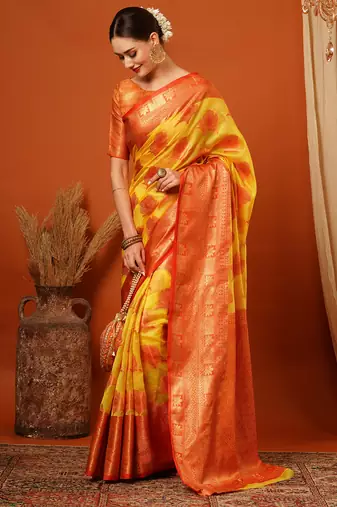 Red Jaccaurd Oraganza Silk Bollywood  Saree With Blouse