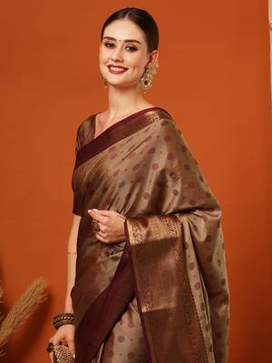 Beige Woven Zari Work Cotton Silk Saree With Blouse 1