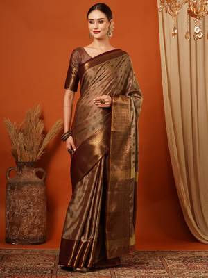 Beige Woven Zari Work Cotton Silk Saree With Blouse 2