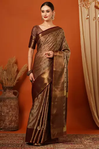 Beige Woven Zari Work Cotton Silk Saree With Blouse