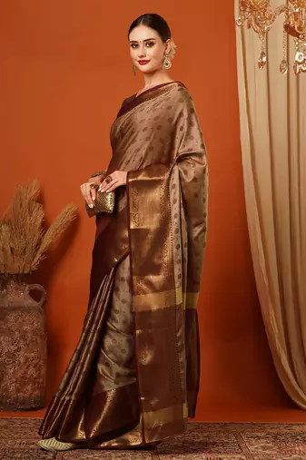 Beige Woven Zari Work Cotton Silk Saree With Blouse