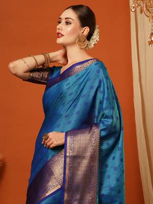 Lighr Blue Woven Zari Work Cotton Silk Saree With Blouse 1