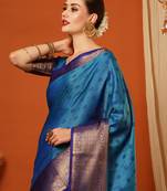 Lighr Blue Woven Zari Work Cotton Silk Saree With Blouse