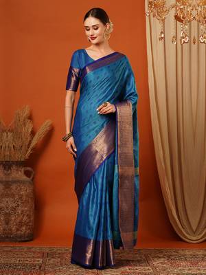 Lighr Blue Woven Zari Work Cotton Silk Saree With Blouse 2