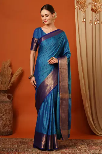 Lighr Blue Woven Zari Work Cotton Silk Saree With Blouse