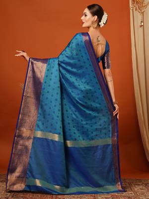 Lighr Blue Woven Zari Work Cotton Silk Saree With Blouse 3