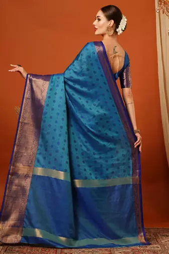 Lighr Blue Woven Zari Work Cotton Silk Saree With Blouse