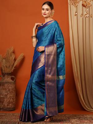 Lighr Blue Woven Zari Work Cotton Silk Saree With Blouse 4