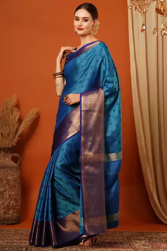 Lighr Blue Woven Zari Work Cotton Silk Saree With Blouse