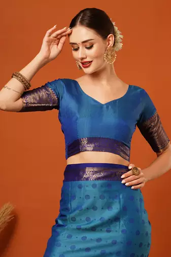 Lighr Blue Woven Zari Work Cotton Silk Saree With Blouse