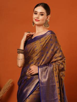 Gold Blue Woven Zari Work Cotton Silk Saree With Blouse 1