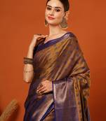 Gold Blue Woven Zari Work Cotton Silk Saree With Blouse
