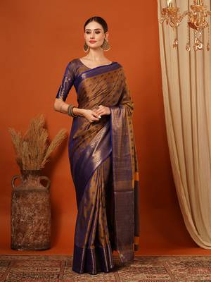 Gold Blue Woven Zari Work Cotton Silk Saree With Blouse 2
