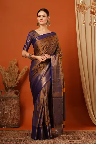 Gold Blue Woven Zari Work Cotton Silk Saree With Blouse