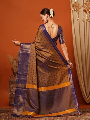 Gold Blue Woven Zari Work Cotton Silk Saree With Blouse 3