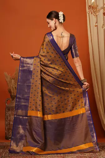 Gold Blue Woven Zari Work Cotton Silk Saree With Blouse