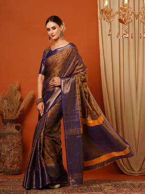 Gold Blue Woven Zari Work Cotton Silk Saree With Blouse 4