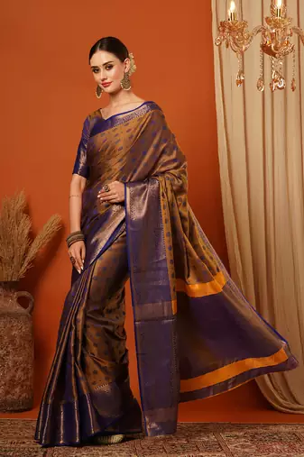 Gold Blue Woven Zari Work Cotton Silk Saree With Blouse