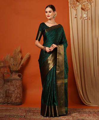 Green Cotton Silk Zari Work Saree with Unstitched Blouse 1