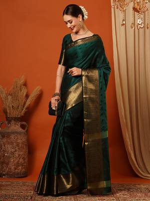 Green Cotton Silk Zari Work Saree with Unstitched Blouse 4